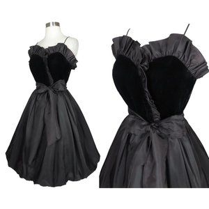 Vintage 80s 50 Black RUFFLE Velvet BUBBLE Skirt Prom Cocktail Party Dress XS S
